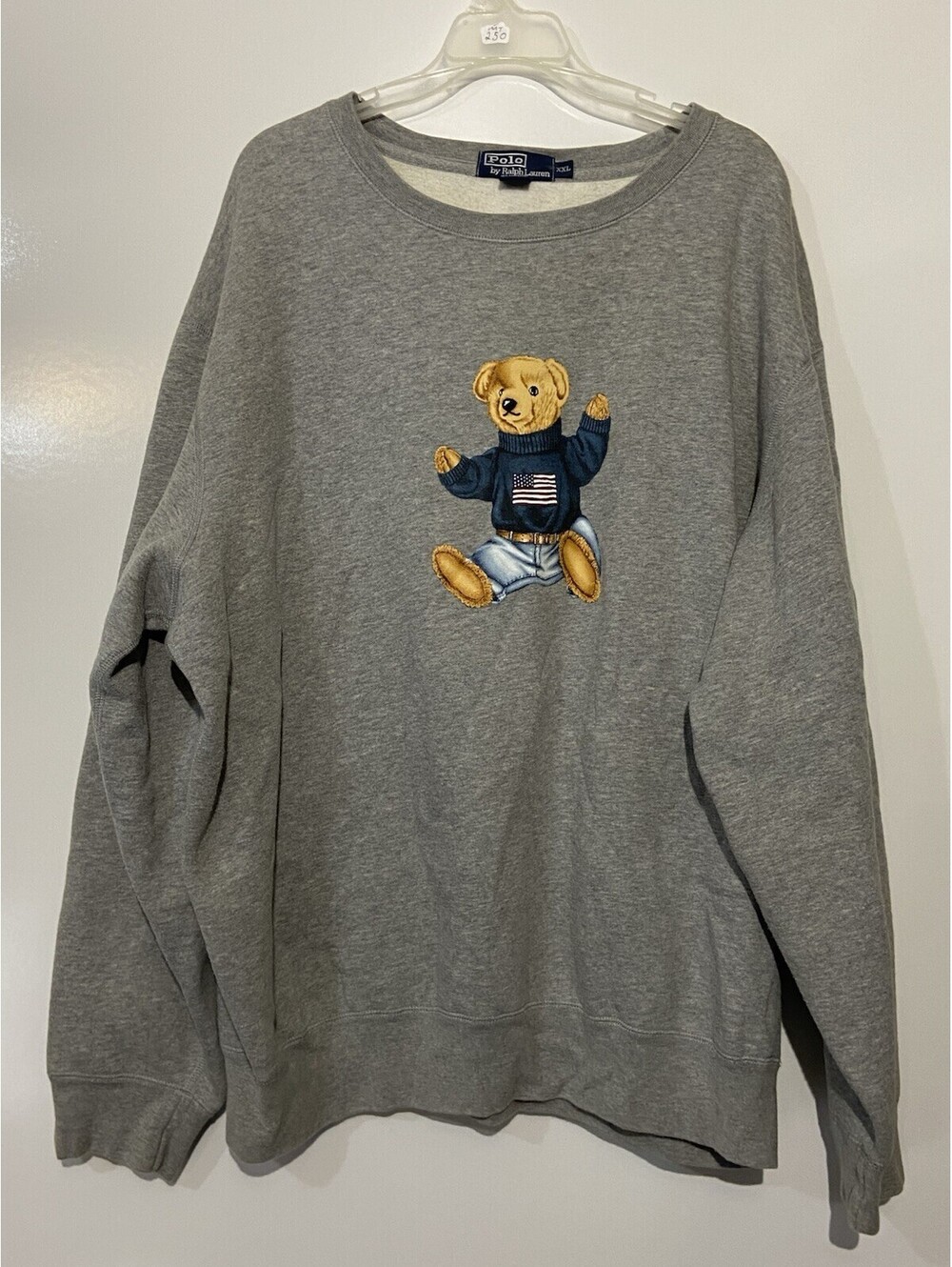 Mens POLO BY RALPH LAUREN Gray Vintage Sitting Polo Bear Crew Sweatshirt Sz 2XL